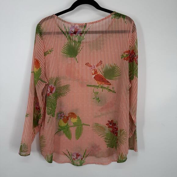 Lemon Way Sheer Chiffon Top Size XL Tropical Bird Parrot long Sleeve Pullover - Picture 6 of 10